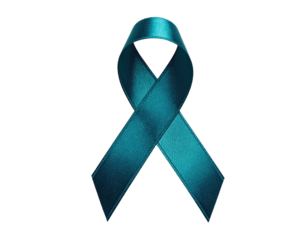 Teal ribbon on black background, symbol of awareness, folded satin texture