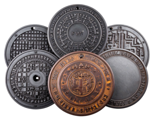 Group of various cast iron manhole covers with intricate designs