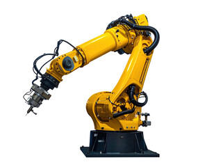 Fototapeta premium Bright yellow industrial robotic arm with multiple joints and a complex end-effector