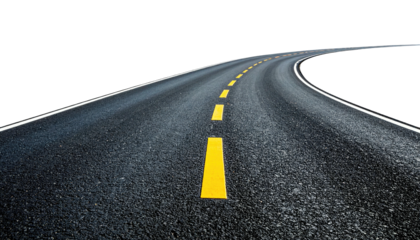 Asphalt road curving away, marked with yellow centerline, black background