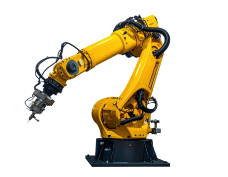 Bright yellow industrial robotic arm with multiple joints and a complex end-effector