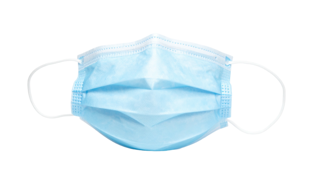 Light blue medical mask with white ear loops against a stark black background