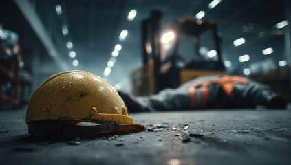 A hard hat lies on the floor of a warehouse, worker lying down in the background after an accident while operating a forklift.