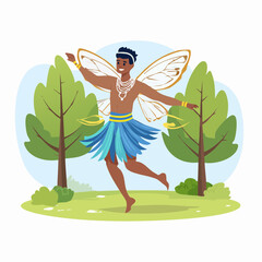 A Dancing Man with Wings in a Vibrant Nature Scene