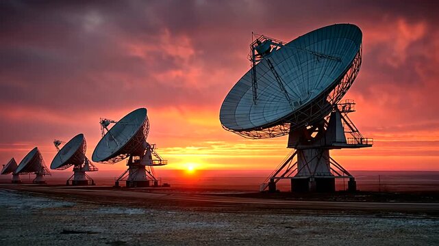 Satellite Dishes Against Dramatic Sunset Sky with Cloudy Background
