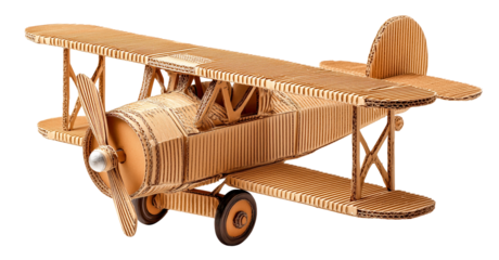 Cardboard airplane corrugated craft handmade model toy plane DIY project vintage biplane eco friendly recycled material propeller childhood imagination. Playful cardboard airplane biplane model