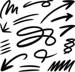 Hand drawn arrow collection dynamic lines scribbles and swirls isolated graphic elements