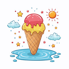 Fantasy summer dessert scene with a melting ice cream cone in a magical setting of sun, clouds, and stars, perfect for a sweet treat concept
