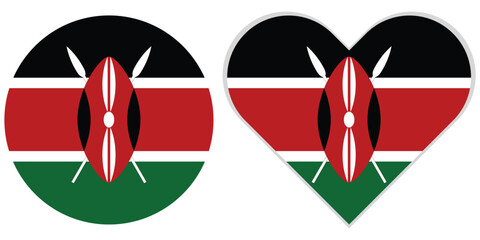 Kenya flag in circle and heart shapes vector illustration for national pride and patriotic themes isolated on white background