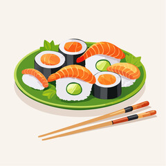 A vibrant illustration depicting a traditional Japanese dining experience with a colorful assortment of sushi, nigiri, and maki rolls on a plate, symbolizing fresh seafood and culinary art