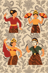 Obraz premium Flat icons celebrating Indonesia Menari festival traditional dance, costumes, cultural motifs.