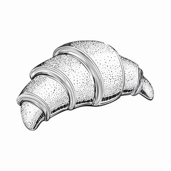 Hand-drawn vintage style croissant illustration. Detailed black and white sketch of a classic French pastry with stippling texture, isolated on a white background for bakery or cafe design