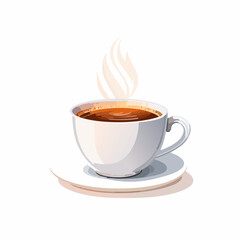 A freshly brewed cup of hot coffee with steam rising, served in a classic white porcelain cup and saucer. This vector art illustration is isolated on a clean white background