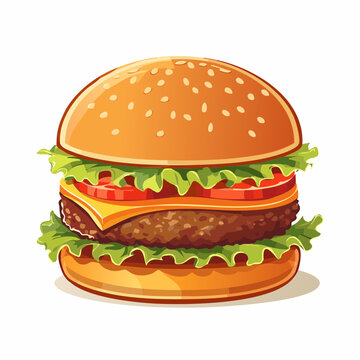 A delicious classic cheeseburger with a beef patty, fresh lettuce, tomato, and cheese on a sesame seed bun, presented as a cartoon-style fast food vector illustration isolated on a white background