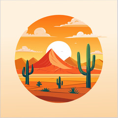 Desert Landscape with Cacti, Mountains, and Setting Sun Vector Illustration