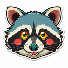 A charming and cute cartoon raccoon head sticker. This friendly animal mascot features big, colorful eyes and a stylized design, isolated on a white background