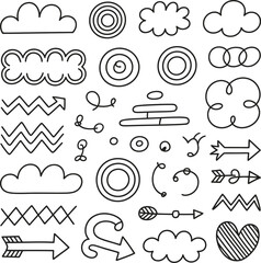 Hand-drawn doodle elements collection clouds arrows hearts circles and abstract shapes isolated on white