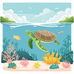 Charming illustration of a green sea turtle gliding through a colorful ocean reef ecosystem below the water's surface
