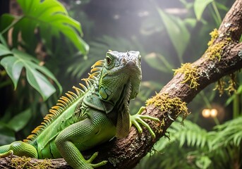 Fototapeta premium Green Iguana Perched on Mossy Branch in Lush Environment.