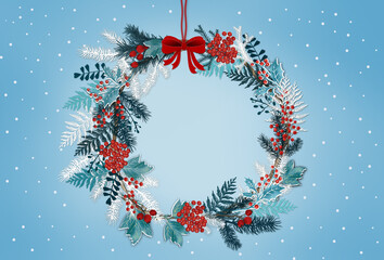 Christmas wreath with different kinds conifer twigs ,winter berries decorated red bow against blue snowy background. Free copy space.