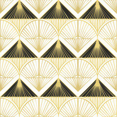 Elegant Art Deco seamless pattern with golden fan shapes and black triangles, creating a luxurious geometric background