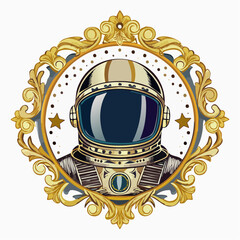 Futuristic space explorer portrait framed in a classic, ornamental gold border against a celestial backdrop