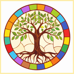 Circular stained glass window design depicting a lush green Tree of Life with a gnarled trunk and extensive roots, framed by a vibrant multicolor border