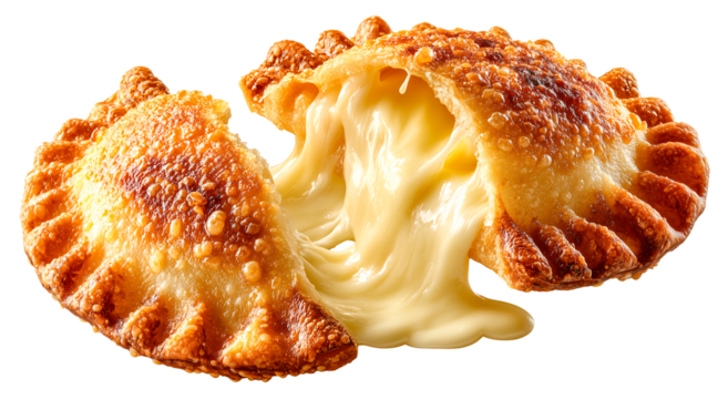 Golden fried dumpling melted cheese gooey filling crispy crust savory snack close up white background comfort food snack food cheese pull