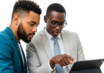 Two African American Businessmen Collaborating on Digital Tablet: Diverse Male Colleagues Discussing Strategy, Isolated on White Background