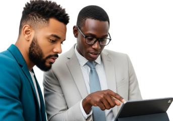Two African American Businessmen Collaborating on Digital Tablet: Diverse Male Colleagues Discussing Strategy, Isolated on White Background
