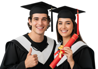 Two Happy Graduates in Cap and Gown: Young Man and Woman Celebrating University Graduation with Diploma, Isolated on White Background