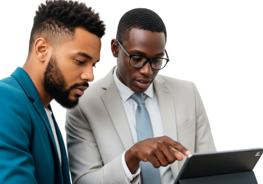 Two African American Businessmen Collaborating on Digital Tablet: Diverse Male Colleagues Discussing Strategy, Isolated on White Background