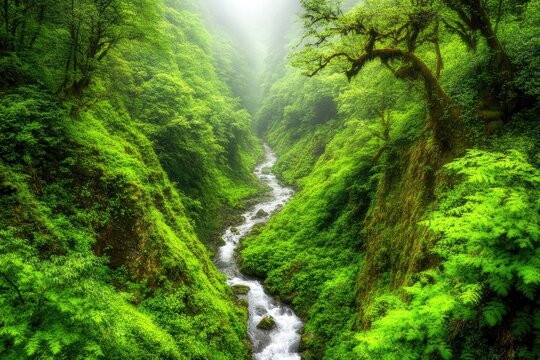 Lush green valley with a rushing stream - Powered by Adobe