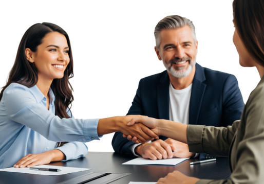 Successful Business Handshake and Partnership: Diverse Colleagues Concluding Deal or Welcoming New Member at Office Meeting, Isolated on White