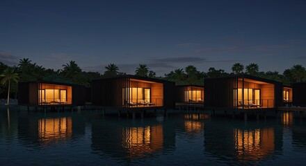 Obraz premium Luxurious overwater bungalows at night reflecting lights in tranquil tropical waters