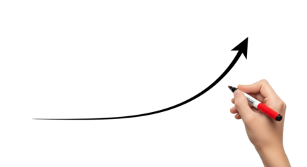 Business Growth and Success Concept: Hand Drawing Upward Curved Arrow Showing Progress and Positive Trend, Isolated on White Background