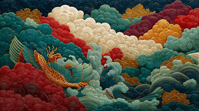 Sui-Tang Dynasties: Three Teachings Fusion - Buddhism: Eight Dharma Protectors, Energy Forms, Cosmic Order, Crimson Background