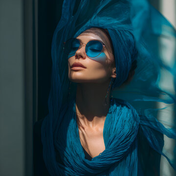 Woman standing enjoying sun in blue fashion