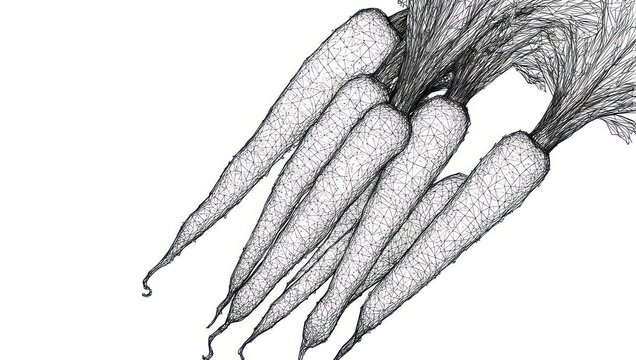 Detailed monochrome graphic of several carrots, stylized with textured wireframe outlines, angled upward
