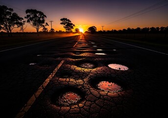 Potholes on a Road at Sunset - A Journeys End.