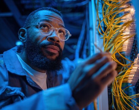 An african american network engineer is working on yellow wires in the server room.