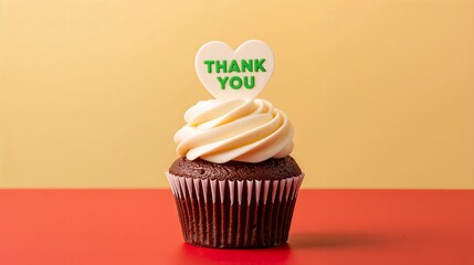 Delicious chocolate cupcake with Thank You heart decoration against a colorful background.