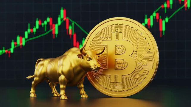 Golden bull statue with bitcoin on its back in front of a stock chart