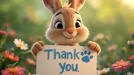 Heartwarming animated scene featuring an adorable rabbit holding a Thank You sign with a paw print.