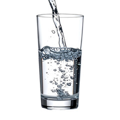 A tall glass being filled with flowing water, showing bubbles and a clear, clean appearance