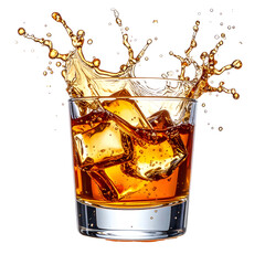 A lowball glass with ice cubes, and liquid with an explosive splash, set against black