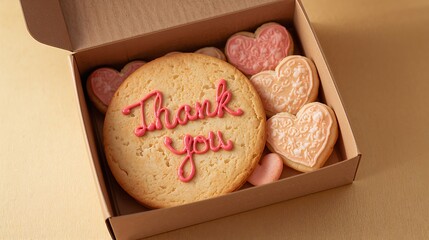 Sweet and thoughtful expression of gratitude with a Thank You cookie and heart-shaped cookies in a box.