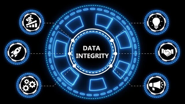 Data integrity concept with neon glowing elements on dark background for business applications