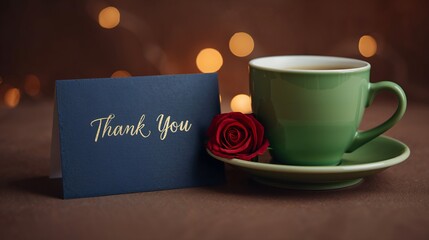 Warm and inviting scene conveying heartfelt gratitude with a Thank You card, rose, and cup of tea.
