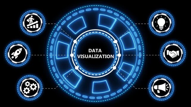 Futuristic animated data visualization infographic with business icons and digital interface - Powered by Adobe